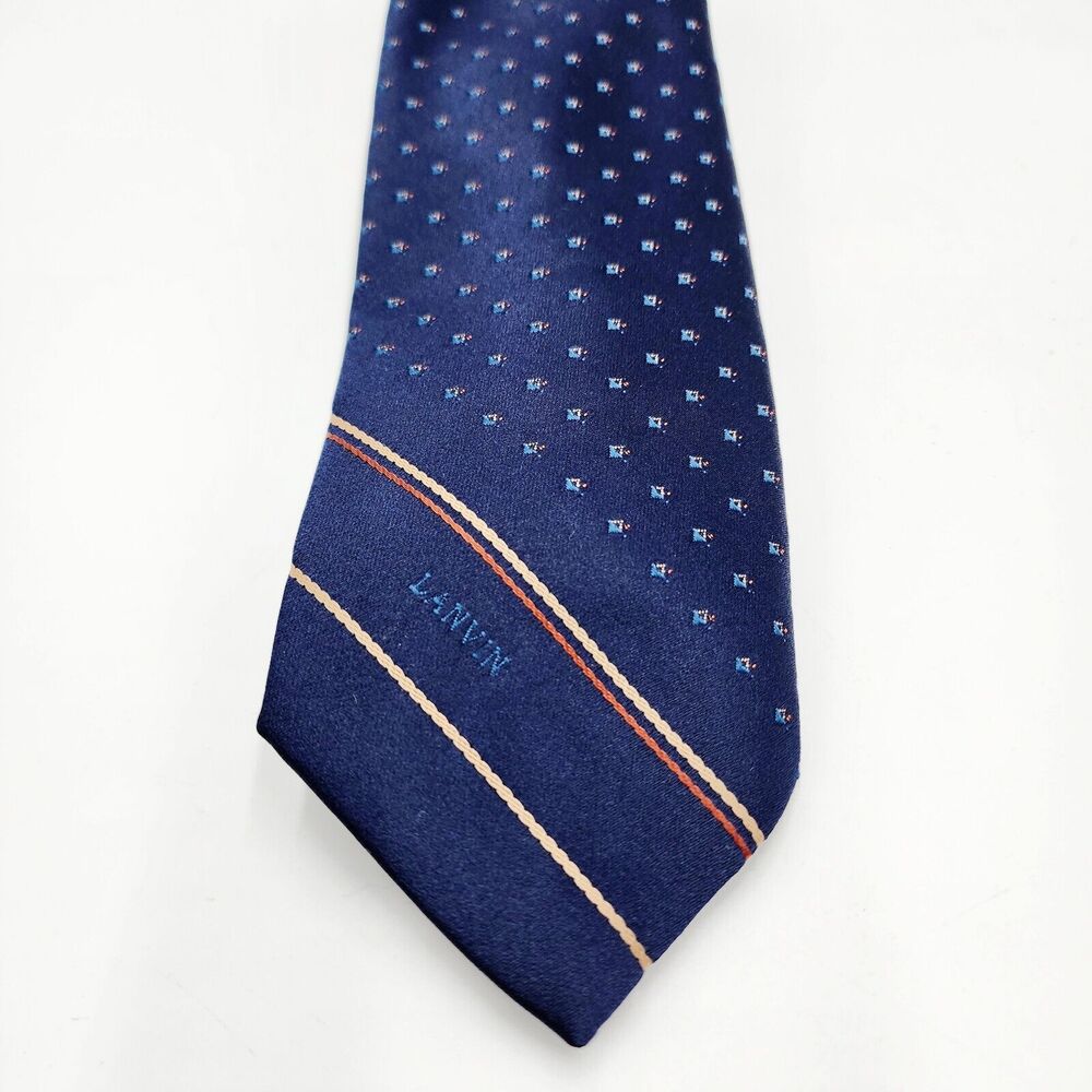 LANVIN PARIS Navy Blue Logo Striped Polkadot Luxury Silk Tie 56" Long 3" Wide